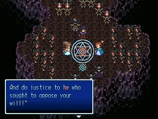 Gameplay in Myth Xaran: robed figures around a glowing magic circle in a dark cavern with dialogue.
