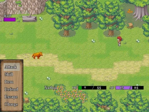 Vastar gameplay: a forest clearing battle with an options command menu on the left side.
